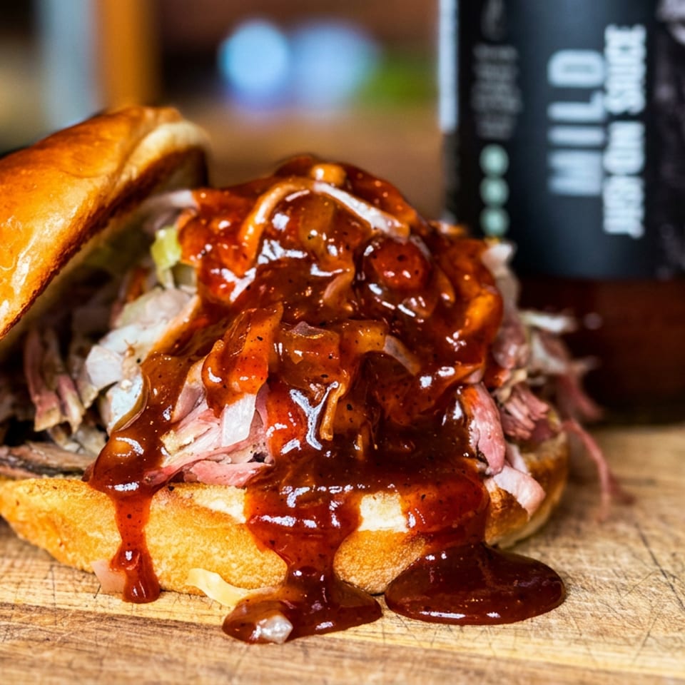 Juicy pulled pork sandwich with BBQ sauce on a brioche bun, next to a sauce bottle.