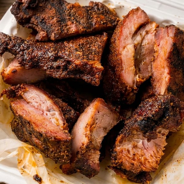 Tender, seasoned barbecued ribs in a white takeout container on a rustic wooden surface.