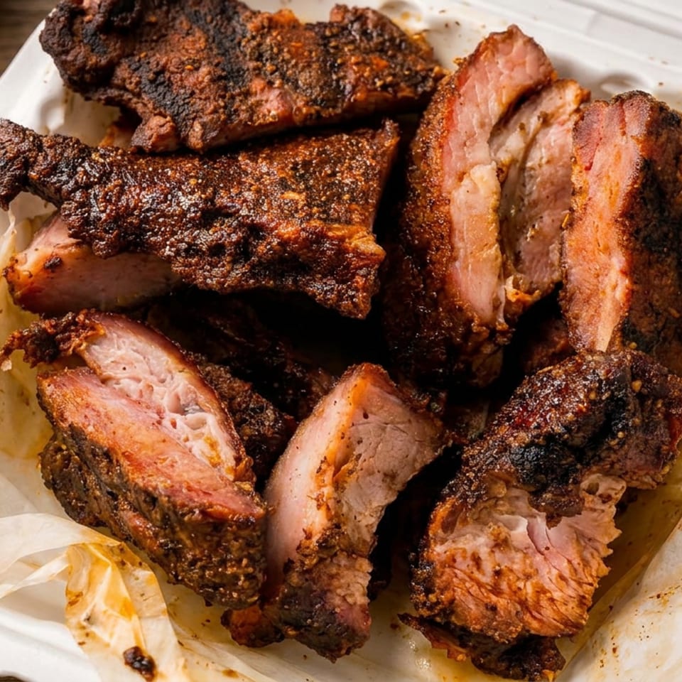 Tender, seasoned barbecued ribs in a white takeout container on a rustic wooden surface.