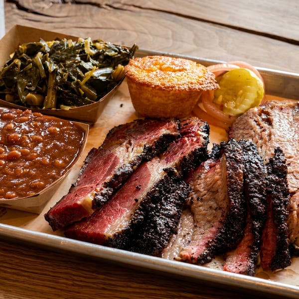Barbecue platter with sliced brisket, baked beans, collard greens, cornbread, and pickles on a metal tray.
