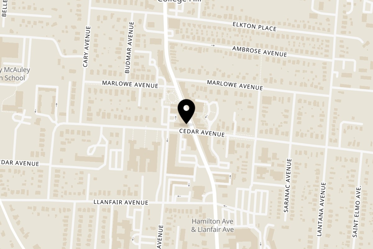 Map showing the location of Just Q'in BBQ on 5903 Hamilton Ave in Cincinnati